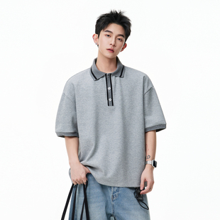 悟空有货夏季复古拼色条纹短袖POLO衫男潮牌宽松情侣休闲百搭T恤