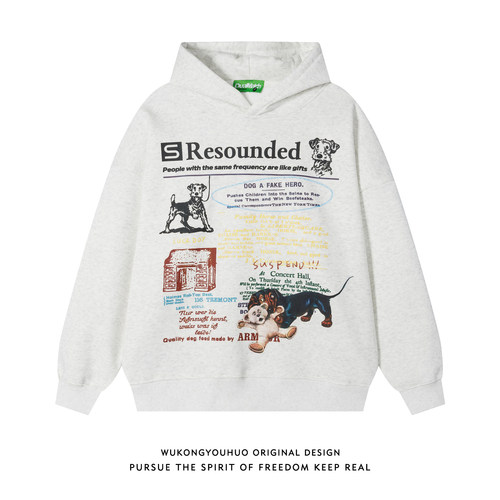 潮牌美式字母印花加绒连帽卫衣