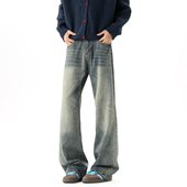 男复古宽松百搭直筒长裤 悟空有货潮牌美式 水洗做旧cleanfit牛仔裤