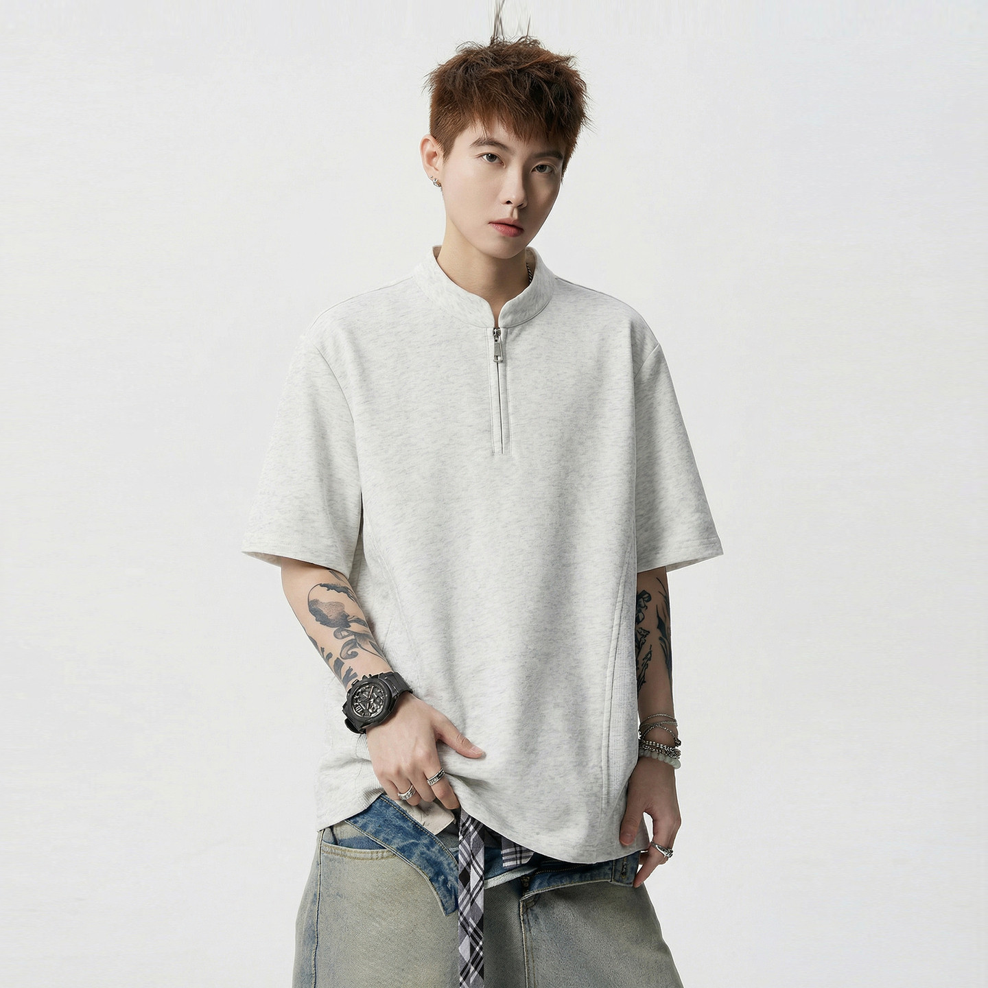 悟空有货夏季解构拼接半拉链立领短袖T恤男潮牌宽松情侣半袖体恤