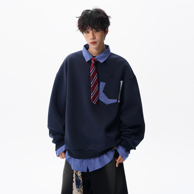 复古格子拼接假两件POLO领卫衣