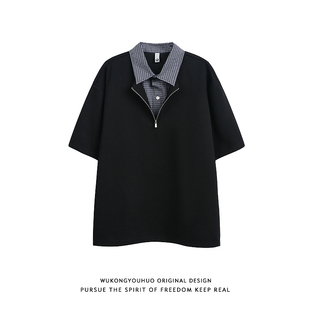 悟空有货复古格子假两件拼接POLO领短袖 情侣百搭上衣 T恤男女夏季