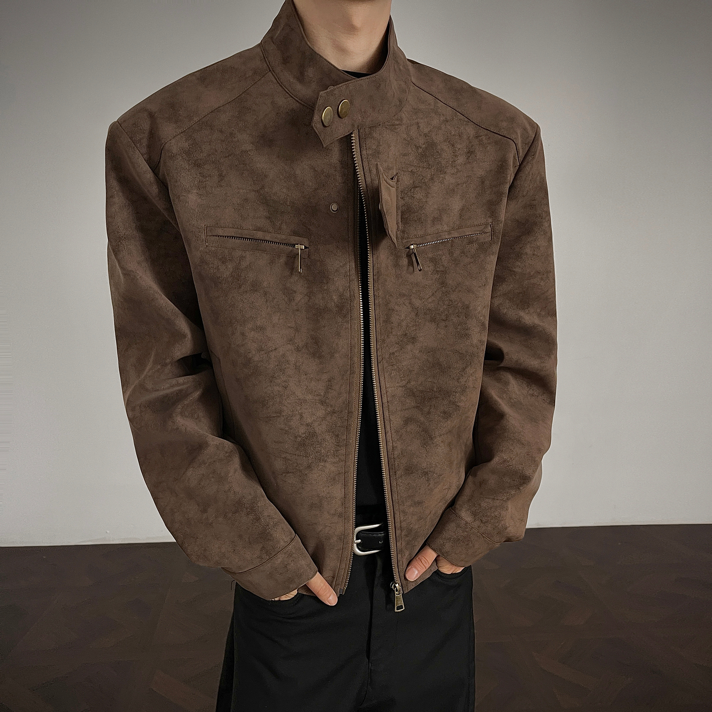 悟空有货美式复古扎染哈灵顿立领夹克男女秋季机车服百搭短款外套