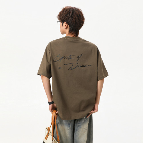 美式复古字母印花圆领短袖T恤男