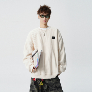 悟空有货复古潮牌粗灯芯绒圆领卫衣男女秋季 宽松百搭打底套头上衣