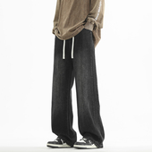 男宽松潮流百搭阔腿长裤 悟空有货潮牌美式 做旧水洗抽绳松紧牛仔裤