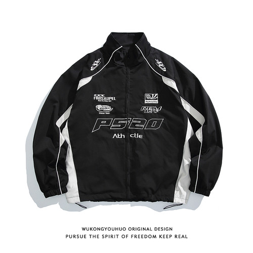 美式潮牌字母刺绣拼接赛车服外套