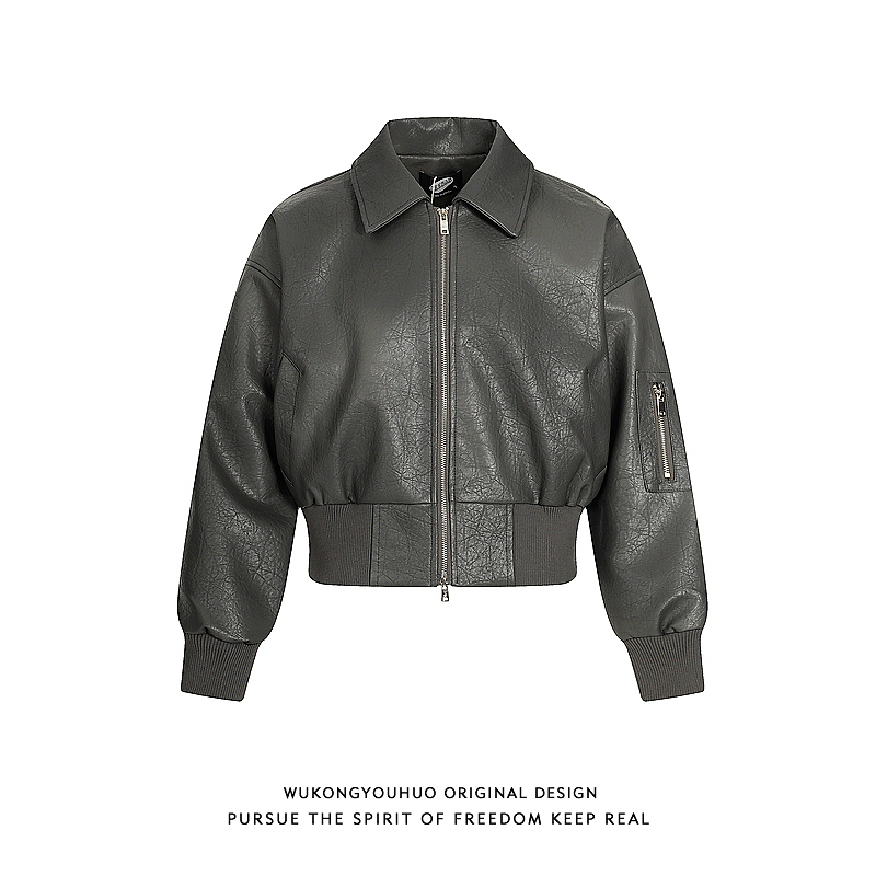 美式复古短款廓形机车服皮衣外套