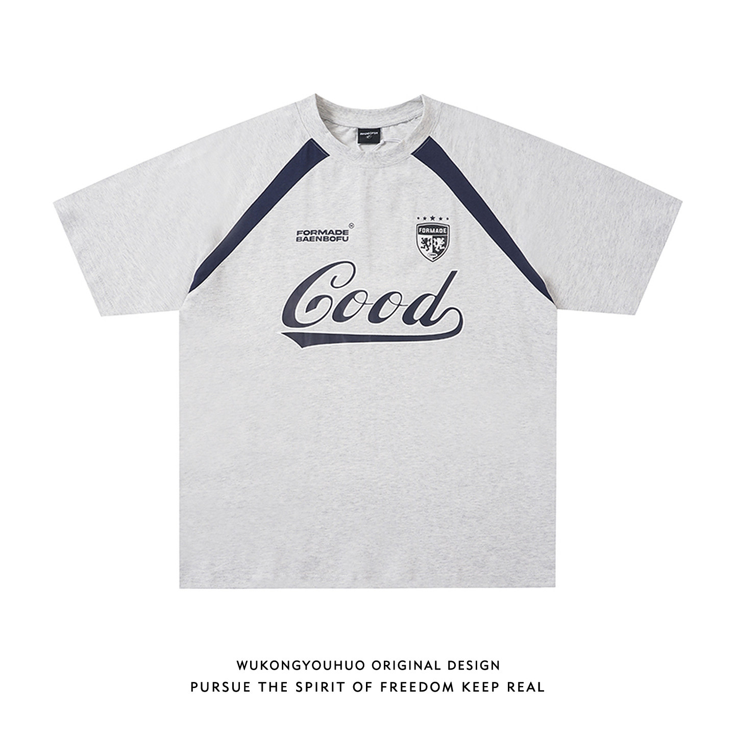 悟空有货美式字母印花拼色圆领短袖T恤男女潮牌夏季宽松运动体恤