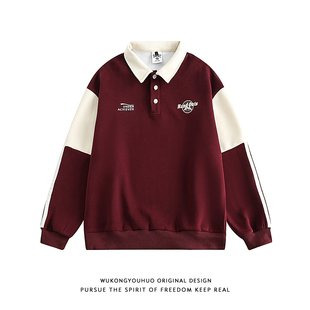 悟空有货复古学院风拼色长袖 男女潮牌宽松情侣百搭套头卫衣 POLO衫