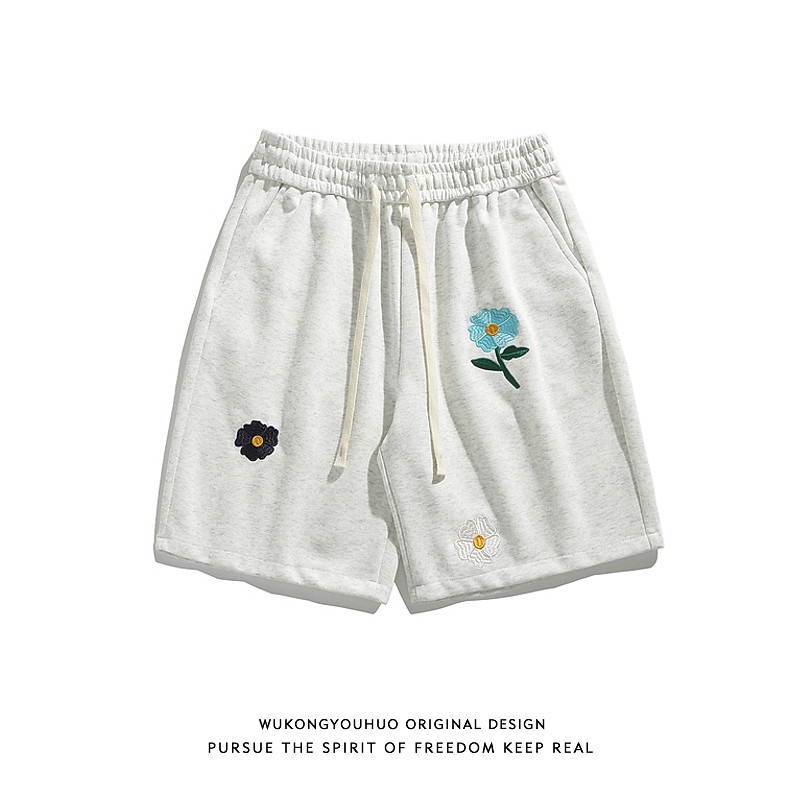 悟空有货潮牌夏季花卉刺绣运动五分裤男宽松百搭阔腿情侣休闲短裤