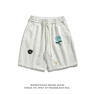 男宽松百搭阔腿情侣休闲短裤 悟空有货潮牌夏季 花卉刺绣运动五分裤