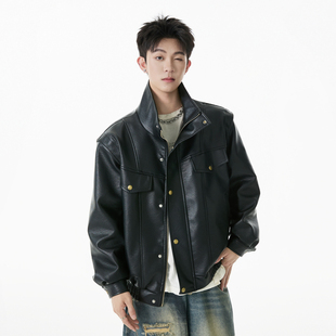 悟空有货美式复古高级感立领PU皮夹克男潮牌廓形工装百搭机车外套