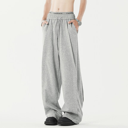 悟空有货美式重磅cleanfit灰色卫裤男女潮牌拼接宽松阔腿垂感长裤