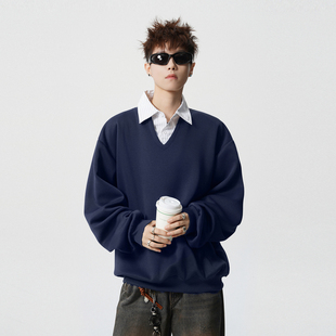 悟空有货复古潮牌条纹假两件拼接POLO领卫衣男女情侣百搭套头上衣