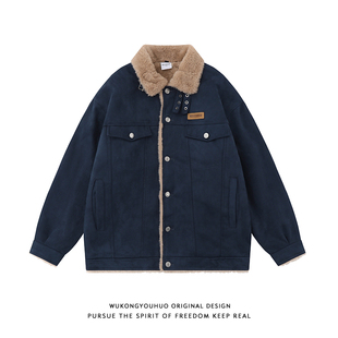 悟空有货冬季 复古做旧翻领羊羔绒棉衣男潮牌街头宽松情侣外套 美式