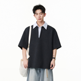 男潮牌宽松情侣休闲半袖 POLO衫 tee 复古V领假两件短袖 悟空有货夏季