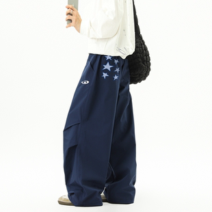 男潮牌宽松阔腿冲锋运动长裤 悟空有货美式 复古星星贴布褶皱伞兵裤