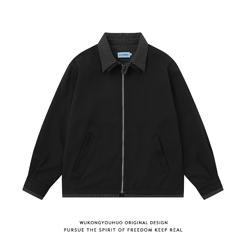 复古条纹拼接假两件翻领夹克男