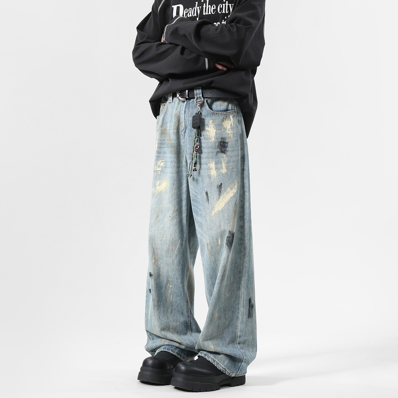 美式高街直筒阔腿脏染泼墨牛仔裤