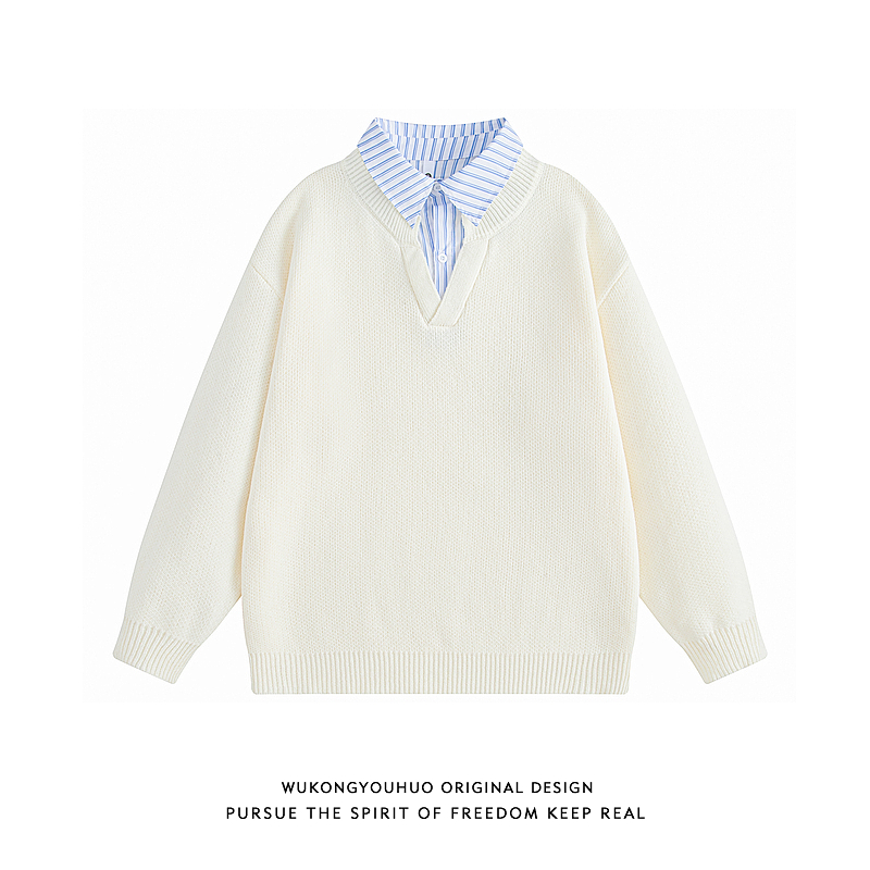 悟空有货秋冬复古拼色衬衫领假两件毛衣男潮牌宽松情侣休闲针织衫
