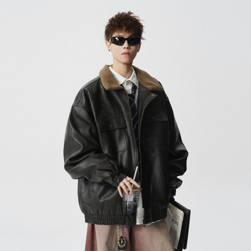 潮牌美式PU皮羊羔绒翻领皮衣棉服