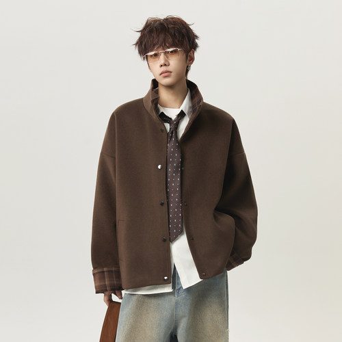 美式复古高级感短款毛呢外套男