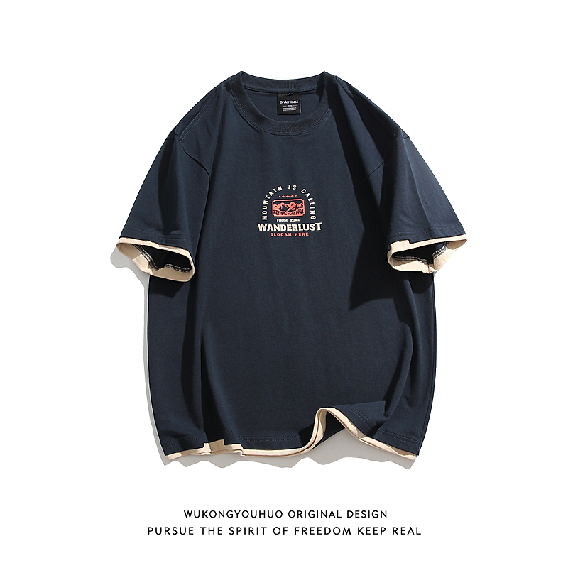 日系字母印花拼色圆领短袖T恤男