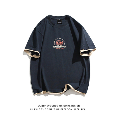 日系字母印花拼色圆领短袖T恤男