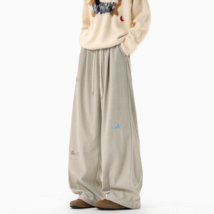 悟空有货复古潮牌灯芯绒小狗刺绣直筒休闲裤 男街头宽松百搭阔腿裤