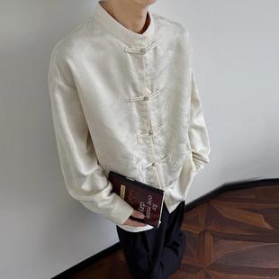 悟空有货春季复古新中式盘扣提花长袖衬衫男女中山装休闲古着衬衣