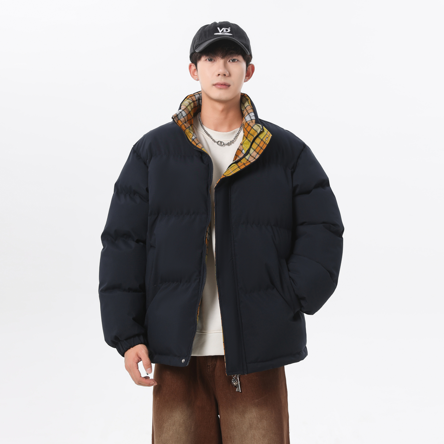 潮牌冬季格子加厚立领棉服男复古