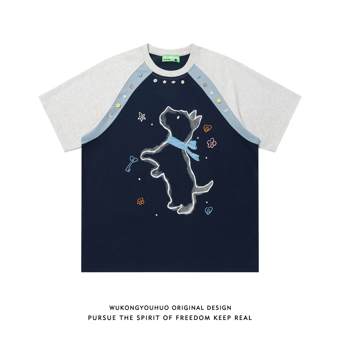 悟空有货夏季撞色拼接插肩短袖T恤男女潮牌宽松情侣百搭半袖体恤