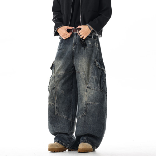 潮牌美式解构水洗弯刀牛仔裤男女