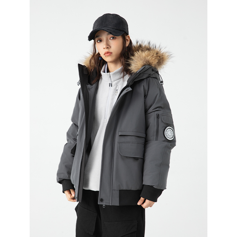 冬季90白鸭绒毛领连帽羽绒服男女