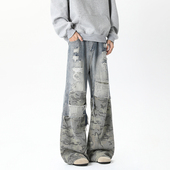 男潮牌宽松拼接小众阔腿裤 悟空有货美式 高街破坏废土风直筒牛仔裤