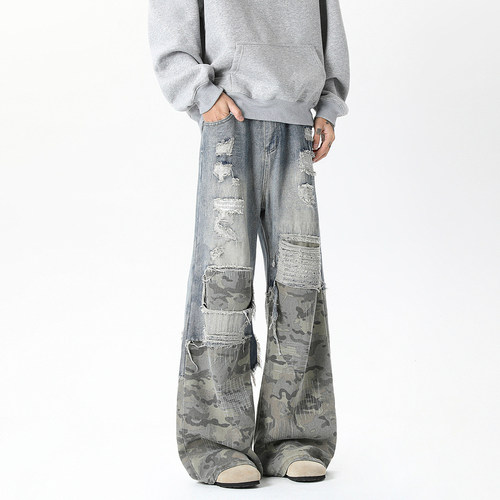 美式高街破坏废土风直筒牛仔裤男