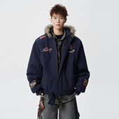 悟空有货潮牌美式 字母刺绣毛领连帽棉衣男女冬季 复古保暖百搭棉服