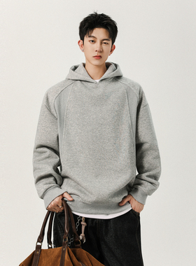 悟空有货美式解构空气层灰色连帽卫衣男秋季潮牌简约休闲运动帽衫