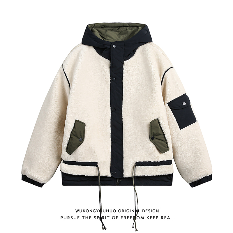 悟空有货冬季拼色羊羔绒连帽棉衣男潮牌街头宽松加厚保暖棉服外套