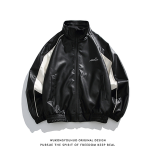 复古拼接PU皮立领皮衣夹克男女潮牌宽松百搭情侣外套 悟空有货美式
