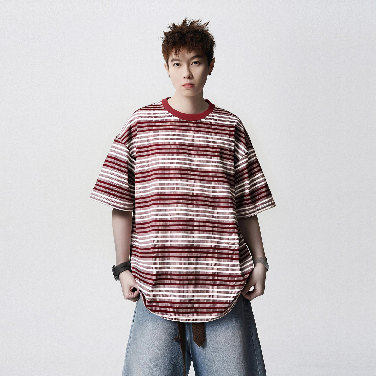 悟空有货夏季撞色条纹短袖T恤男潮牌宽松情侣休闲百搭五分袖体恤