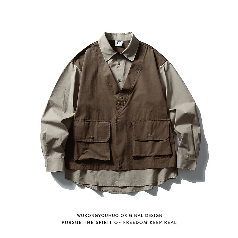 悟空有货复古日系假两件拼接工装衬衫男2026春季宽松百搭休闲衬衣,男装,衬衫,淘宝优惠券,粉丝福利购,淘宝优惠卷