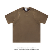 悟空有货美式 上衣 宽松潮流小众半袖 麂皮绒廓形拼接短袖 T恤男夏季