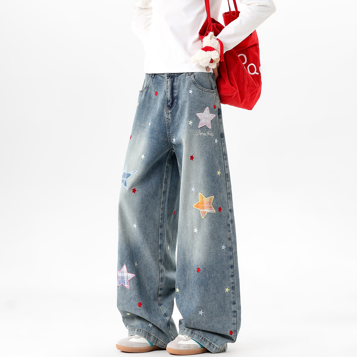 悟空有货美式潮牌星星贴布刺绣直筒牛仔裤男宽松潮流情侣百搭长裤