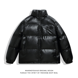 悟空有货美式 潮牌百搭机车棉衣 PU皮加厚黑色立领皮衣棉服男女冬季