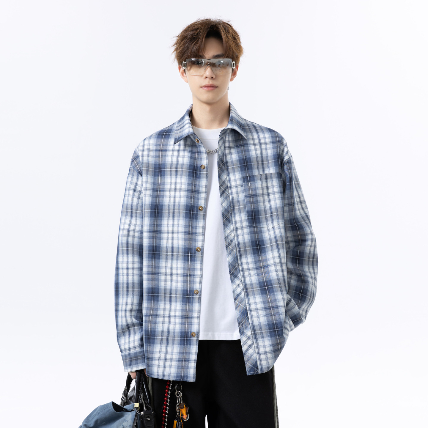 悟空有货潮牌秋季复古格子长袖衬衫男女宽松情侣休闲百搭衬衣外套