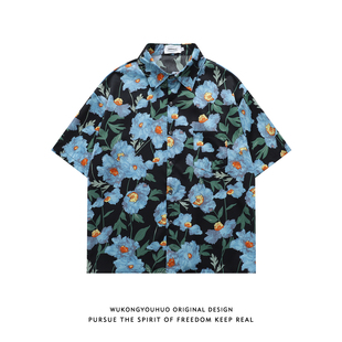 男女复古情侣宽松百搭休闲衬衣 衬衫 悟空有货夏季 港风花卉满印短袖