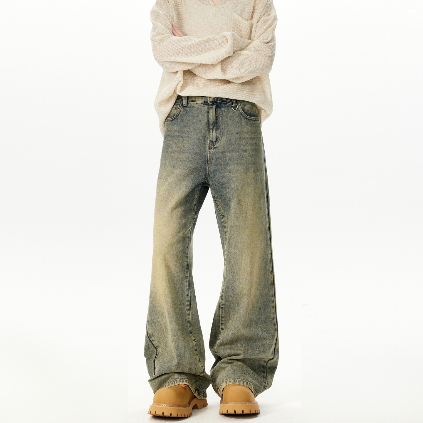 潮牌美式泥黄cleanfit微喇牛仔裤