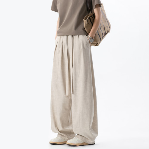 悟空有货潮牌纯色仿麻抽绳松紧弯刀裤男复古宽松基础百搭休闲长裤 - 封面